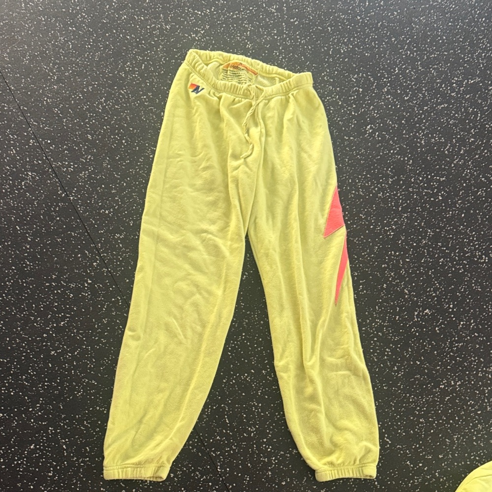 Aviator Nation Yellow line Joggers with Pink Orange lightning M sweatpanta